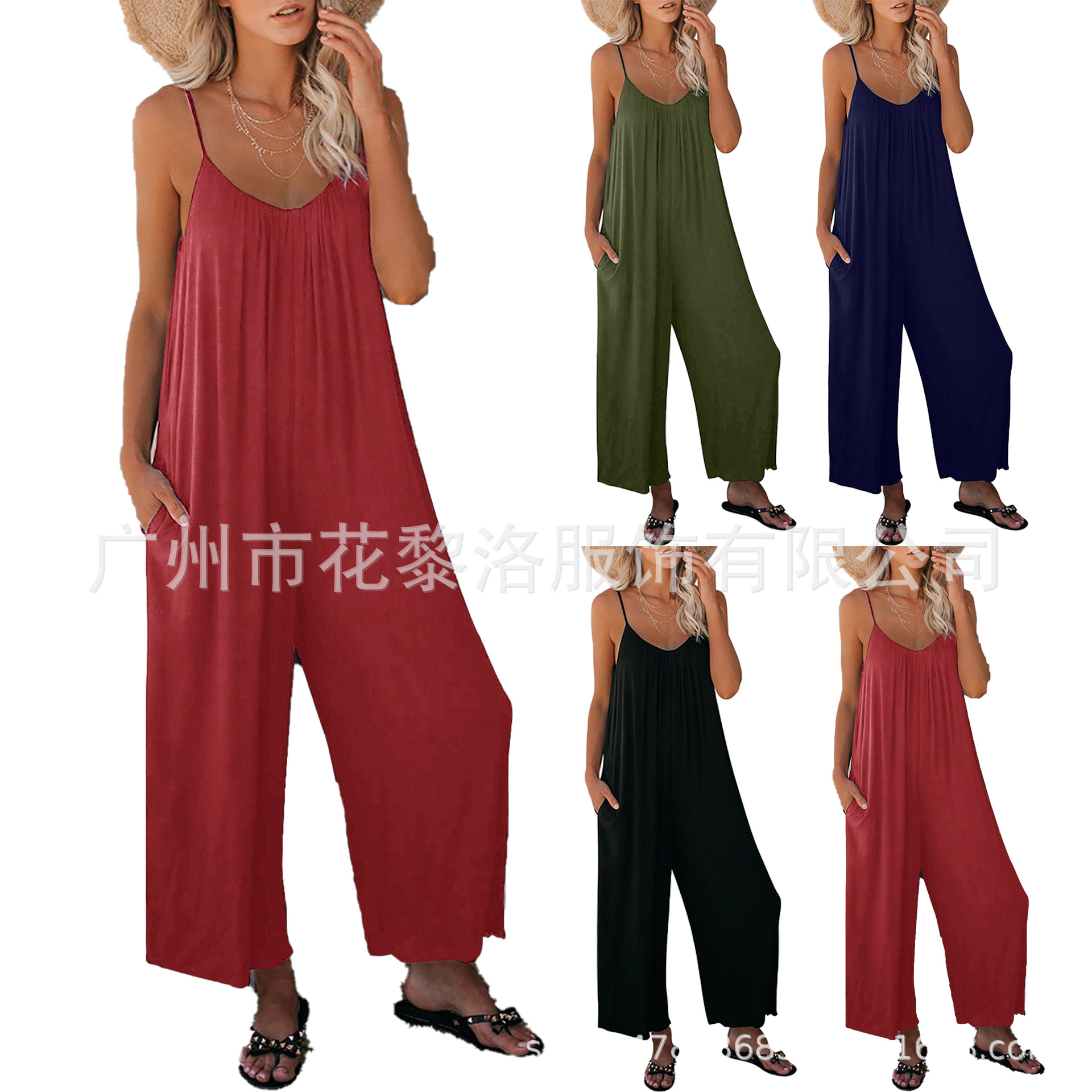 亚马逊ebay欧美吊带连体裤女2021夏季跨境外贸纯色插袋休闲连体裤