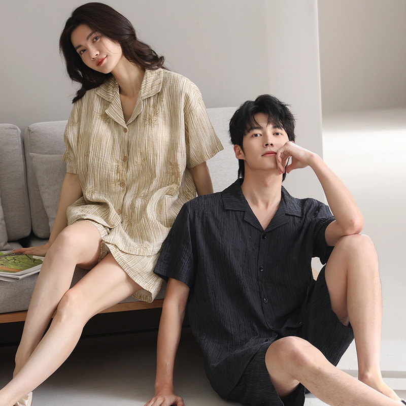 Pure Cotton Gauze Couple Pajamas Summer Women's Lapel Short-Sleeved Simple Casual Men's Summer Home Wear Set with Breast Pads