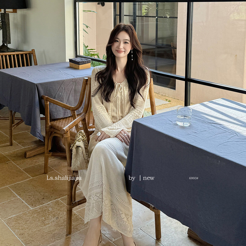 Ls Hollow-Out Knit Cardigan + Suspender Dress Set Guangzhou Shisanxing New Spring Women's Two-Piece Set 6993