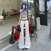 稚橘#美式高街辣妹白色低腰微喇牛仔裤女弹力修身显瘦百搭喇叭裤