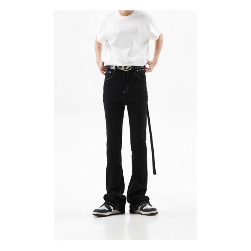 American High Street Vibe Style Long Ribbon Black Bootcut Jeans Slim Fit Straight Floor-Length Pants for Men American High Street Vibe Style Long Ribbon Black Bootcut Jeans Slim Fit Straight Floor-Length Pants for Men