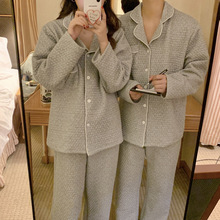 韩国chic女士冬季情侣款新品加厚冬装简约波点睡衣家居服套装外贸