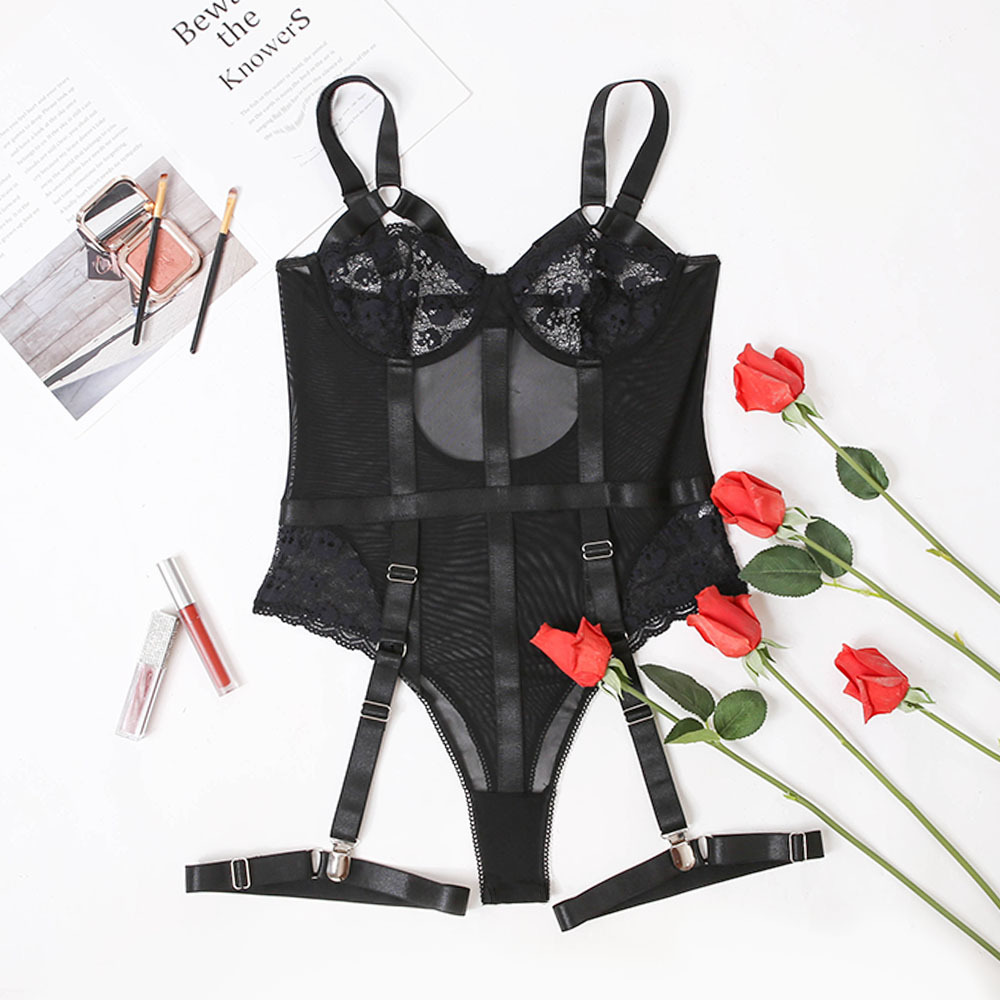 sling hollow high waist wrap chest solid color Transparent Lace one-piece underwear NSMDN134247