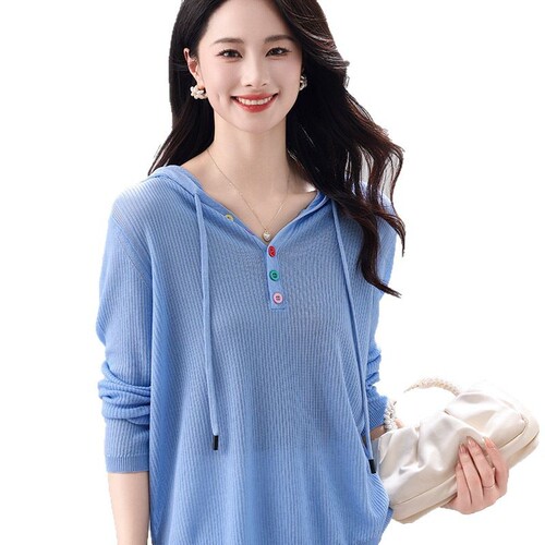 Spring and Summer 2025 New Hooded Knit Cardigan Half-Open Color Button Long-Sleeved Solid Color Striped Loose Base Layer Top