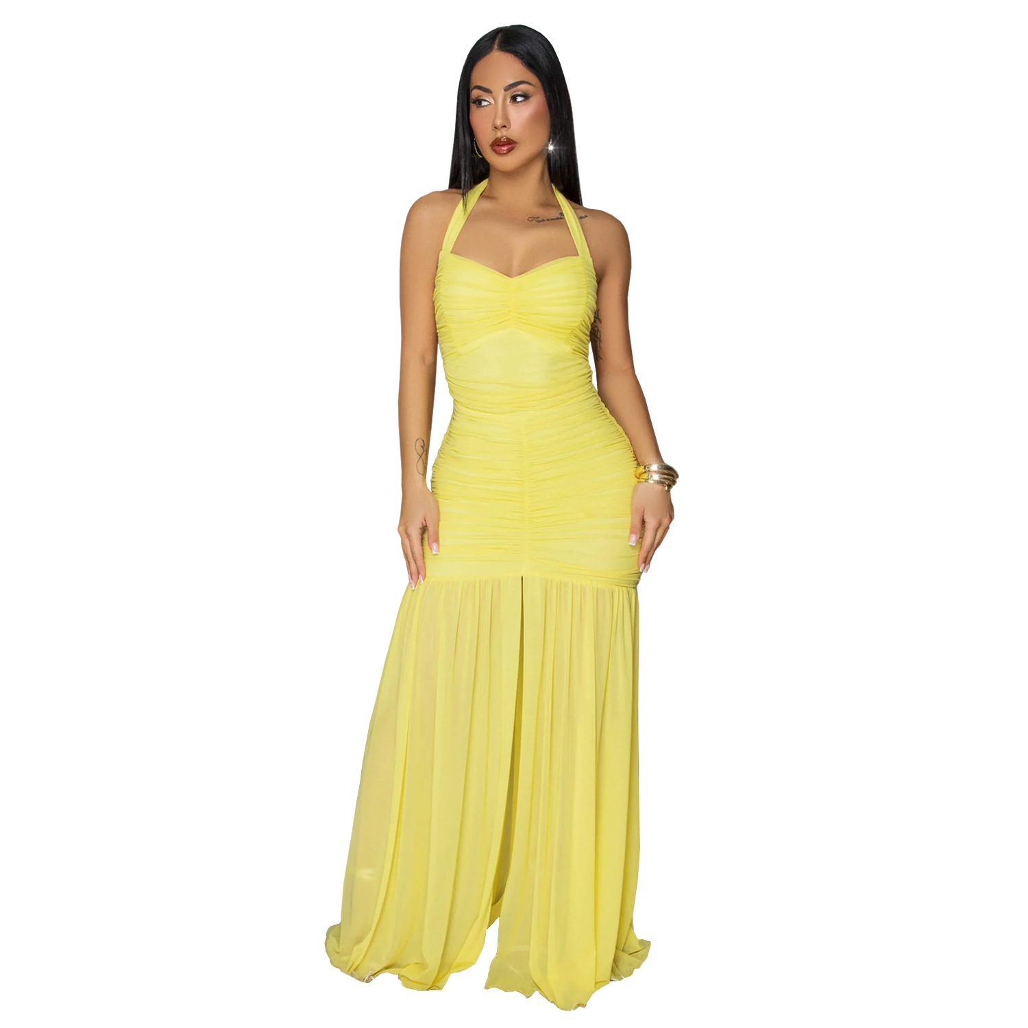 C7656 Aliexpress transfronterizo Amazon Europa y América de moda moda femenina elegante color sólido vestido de trasera abierta image 9