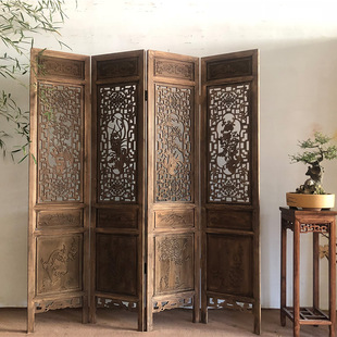 Chinese Style Solid Wood Screen Antique Old Hollow Carved Camphor Wood Folding Mobile Living Room Partition Retro Live Photography