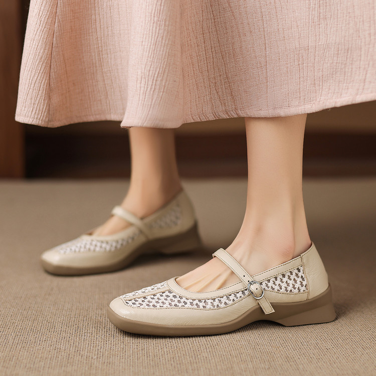 Giày ballet nữ da thật lỗ rỗng phong cách DeTrain phối lưới mùa xuân hè — màu đen, màu trắng ngà chi tiết 26