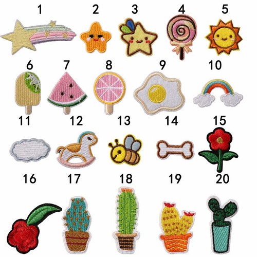 Embroidered patch with cartoon-style fruits, flowers, and rainbows for clothing decoration