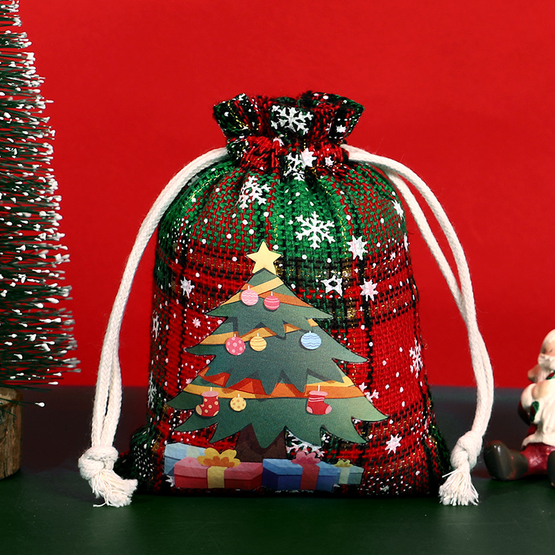 Bolsa de algodón a cuadros de Navidad con cordón Bolsa de embalaje de regalo de caramelo de Navidad Calendario de Adviento bolsa pequeña al por mayor
