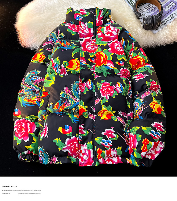 Ethnic Style Cotton Padded Jacket For Men Peony Flower Design_voghion.com