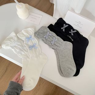 Korean Ins Plaid Small Bow Ribbon Solid Color Lace Mid-Calf Slouch Socks for Women Cute Lolita Socks
