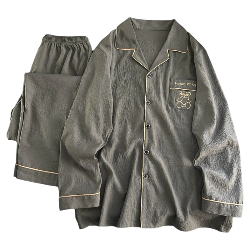 Yunduo 綿パジャマメンズ 2025 新しい夏の長袖ズボン春と秋の薄いホーム服セットは屋外で着用できます|undefined