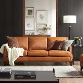 美式复古真皮沙发法式极简北欧轻奢牛皮单双人小户型客厅皮艺沙发