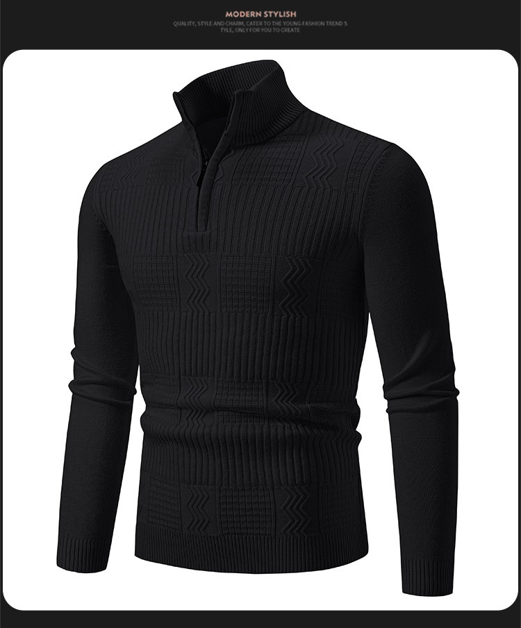 Maglione lavorato a maglia da uomo, maglione lavorato a maglia con zip e collo semi-dolce da uomo, pullover a maniche lunghe, casual, vestibilità slim, strato di base termico_voghion.com