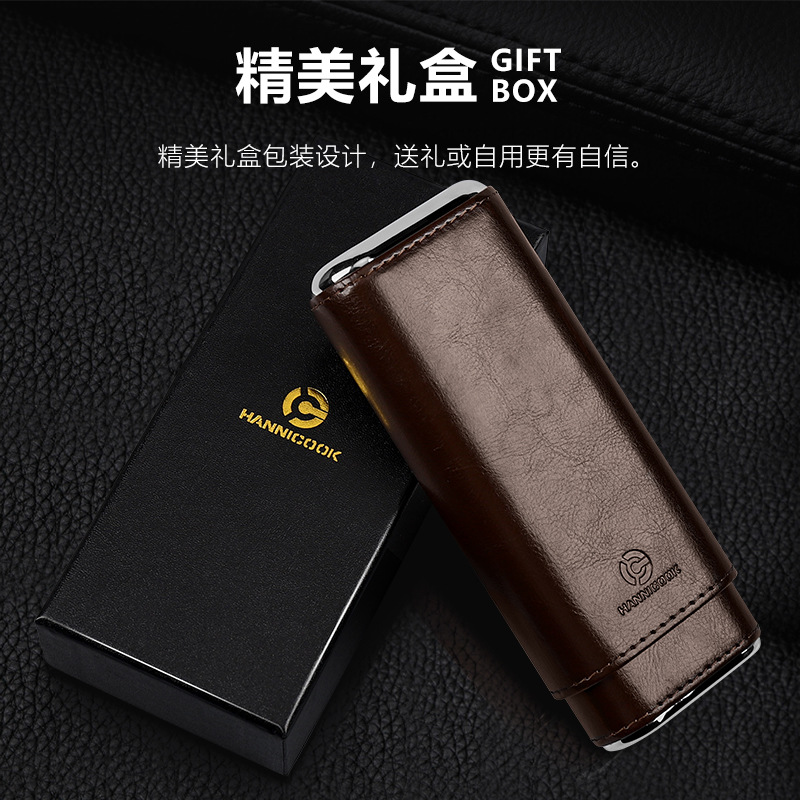 Estuche de cuero para cigarros HANNICOOK portátil, para 3 cigarros, forrado de cedro, estuche humidificador sellado