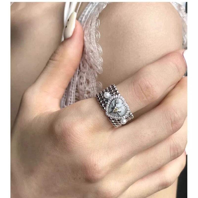 Love Wide Version Simple Pearl Six-Pointed Star Personalized Opening Adjustable Index Finger Ring Women's High-End Design Ring