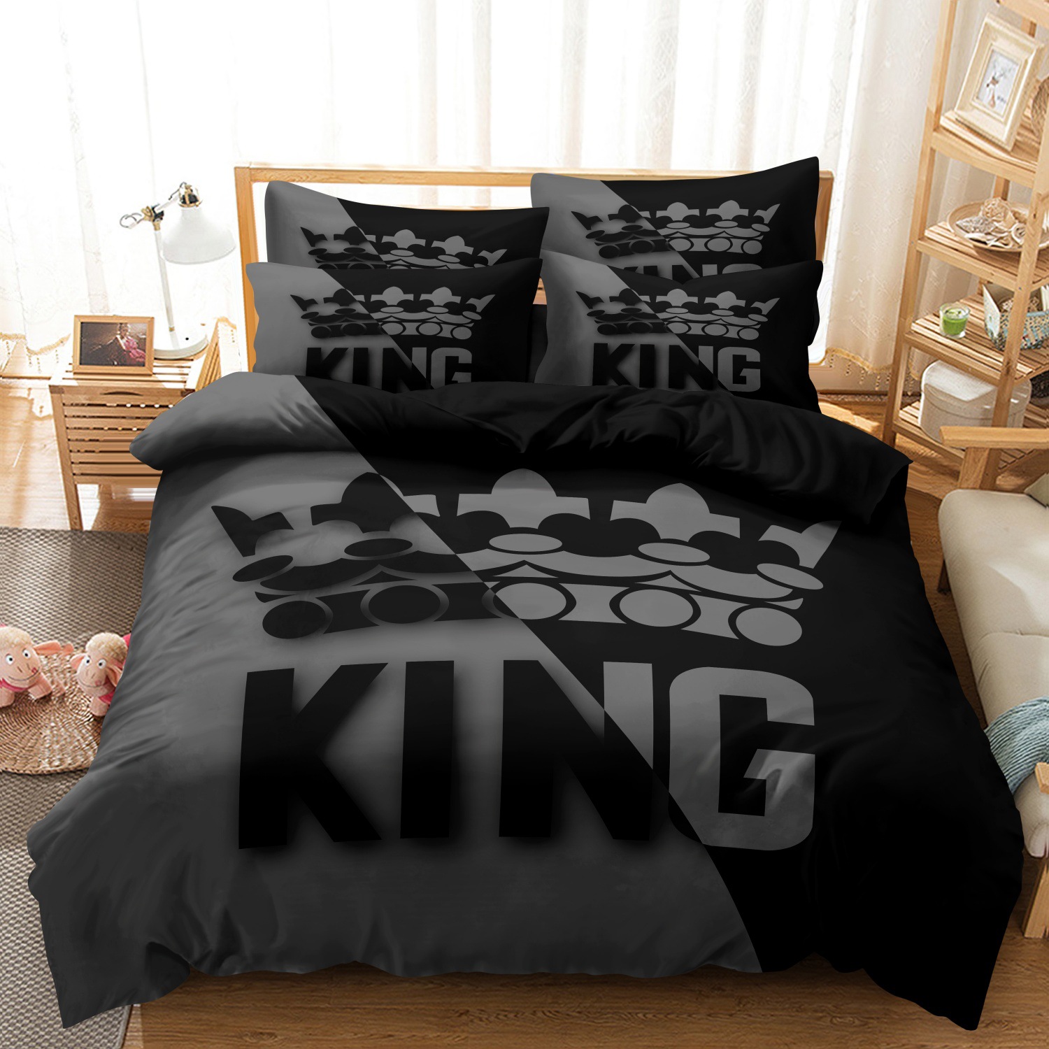 Cross-Border Hot-Selling King Crown Three-Piece Set, Black and Gray Color-Blocking Bedding, Direct Supply from the Source Factory for Foreign Trade Home Textiles