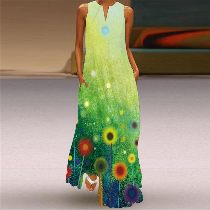 Robe longue sexy sans manches imprimée multicolore à col en V, style rétro européen et américain, collection été 2026_voghion.com
