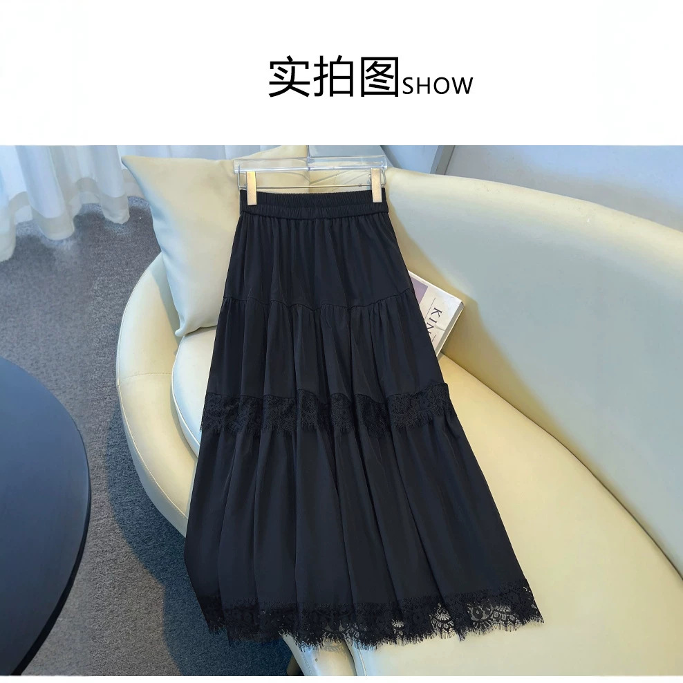 Lace patchwork women's skirt with high waist and fully elastic waist design, slimming and draping A-line long skirt, 2026 new model