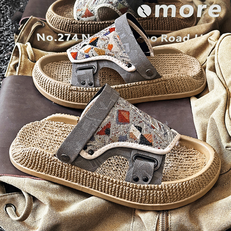 Sandals for Men, Summer Outdoor Wear, Sports, Driving, Casual Dual-Purpose, Soft Sole, Embroidered, Woven, Vietnamese Beach Slippers, Size 46