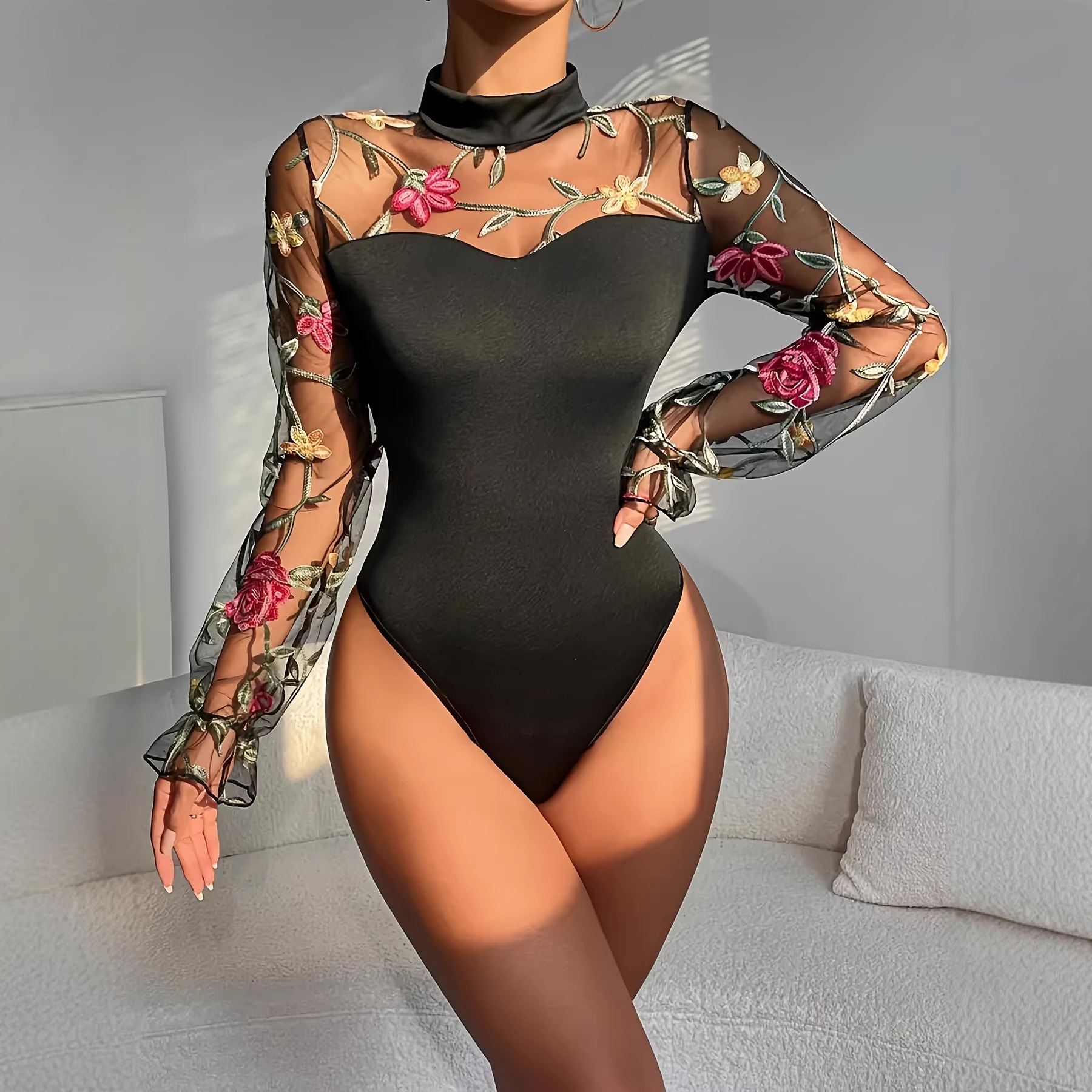 Sexy Damen-Body aus Spitzenmesh mit langen Ärmeln, halbhohem Rollkragen, transparentem Einsatz, Bauchkontrolle, dehnbarem Material – perfekt für Clubbesuche und Dates._voghion.com