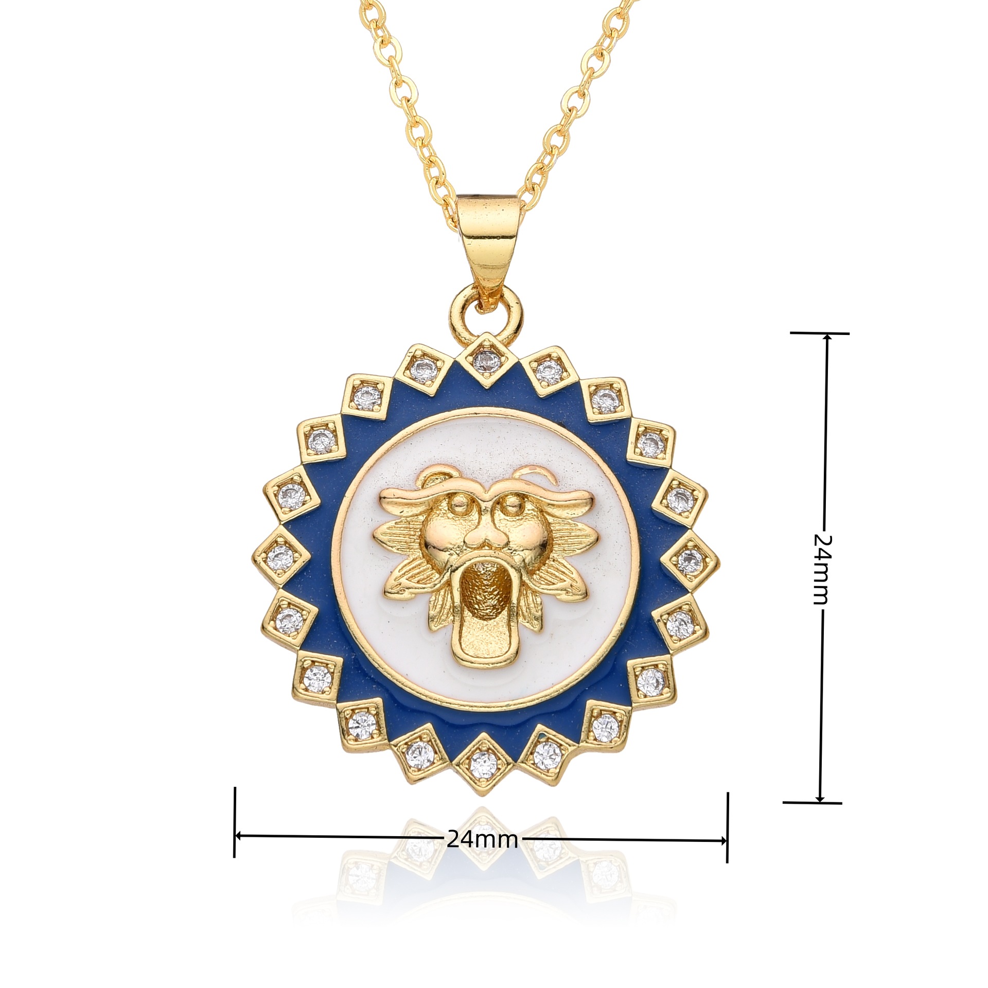 14g Weight Copper Gold Plated Enamel Inlay Round Lion Bee Zircon Pendant Necklace