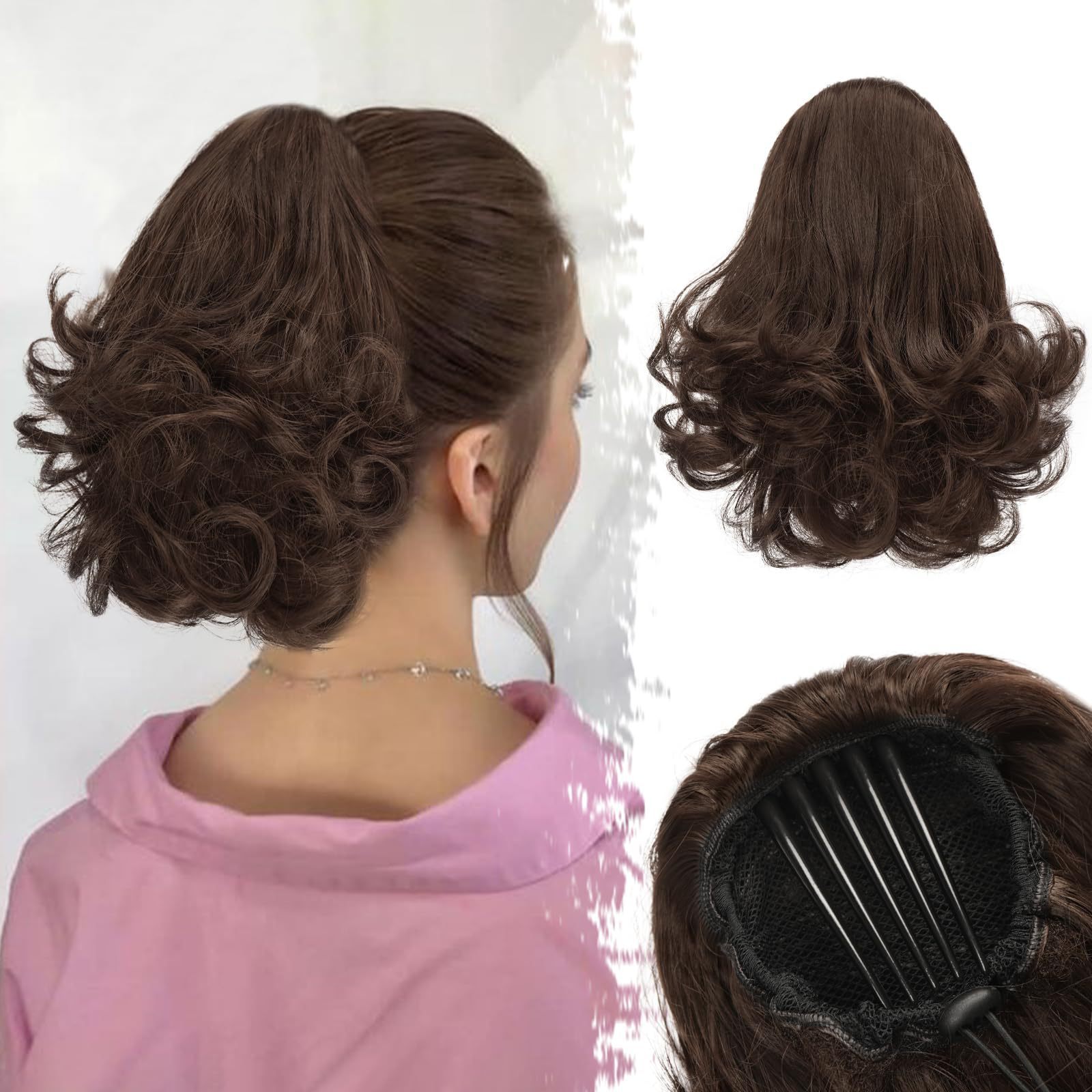 Hair comb clip drawstring short wave ponytail dark brown