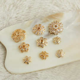 14k包金保色锆石镂空雪花花托 diy手工饰品配件 满锆四叶草托花帽