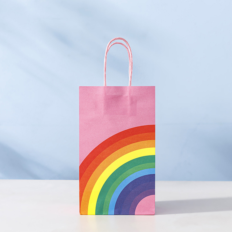 En stock bolsa de arco iris portátil papel Kraft blanco fondo cuadrado bolsa de papel regalo de mano bolsa de regalo de vacaciones logotipo imprimible