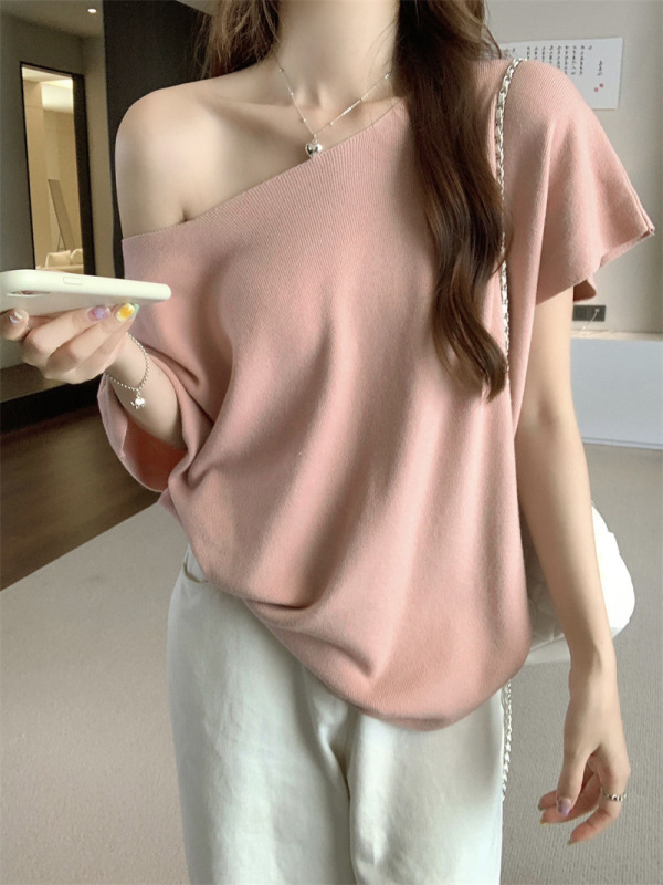 オフショルダーバットスリーブニットTシャツレディース2025年夏新作レイジースタイルルーズスリムデザイン半袖トップ|undefined