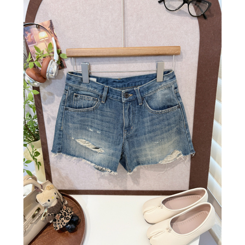 In stock/Popular with stay-at-home girls, s*r all-cotton mid-low waist denim shorts with frayed hem and bamboo joint craftsmanship, thin style!