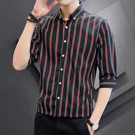 夏季男士条纹七分袖衬衫青年时尚韩版修身五分袖衬衣男生上衣寸衫