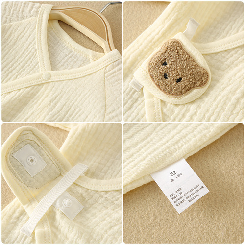 Newborn crawling suit, baby summer pure cotton gauze jumpsuit, Category A fetal cap, petal bib, thin, breathable, long crawling suit