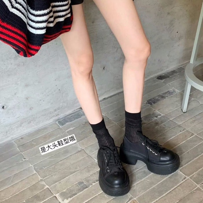 羊皮版~8cm厚底大圆头休闲帆布鞋女小个子真皮松糕鞋板鞋运动单鞋|undefined