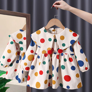 Girls Spring and Autumn Sweet and Cute Doll Collar Colorful Polka Dot Skirt 2025 New Girl Baby Fashion Princess Dress