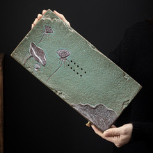 爱莲说干泡茶盘 日式小号长方形粗陶储水式干泡台家用鎏金茶台