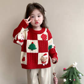 女童毛衣秋冬季加厚2025新款圣诞儿童新年红色衣服女宝宝针织内搭