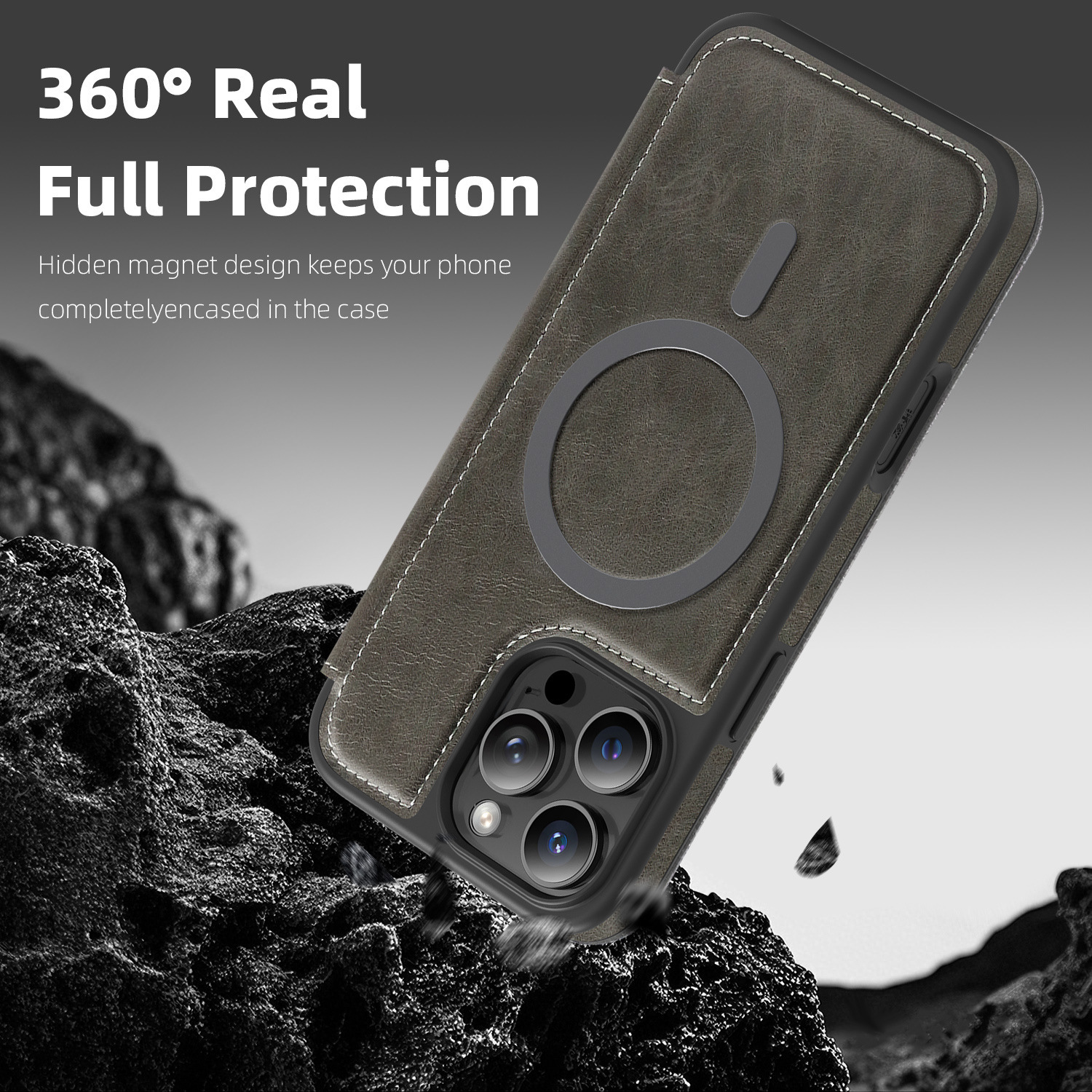 Ốp lưng da từ tính có khe đựng thẻ cho iPhone 16 Pro Max, chống sốc — Màu đen, Màu xanh ngọc, Màu cà phê, Xám vàng titan chi tiết 25