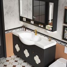 法式落地式复古贝壳浴室柜组合橡木窄边36陶瓷一体卫生间洗漱台盆