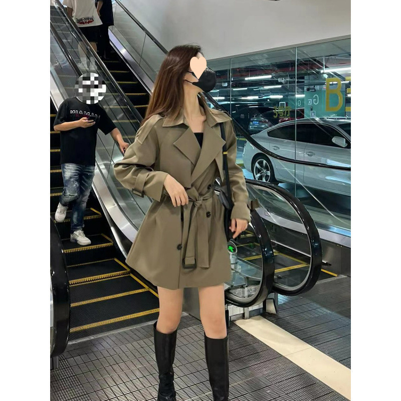 Leather M&eacute;lange Windbreaker for Women, Mid-Length Workwear, High-End British Style, Elegant and Slimming, 2025 Autumn/Winter New Coat Outerwear