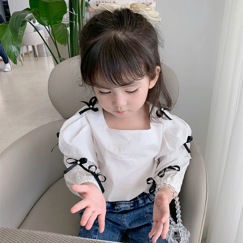 女童衬衫2021春季新款儿童韩版蝴蝶结衬衫女宝泡泡袖衬衣外贸批发|ru