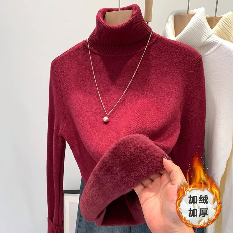 安哥拉红高领毛衣女秋冬2024新款内搭修身打底加绒加厚打底衫上衣