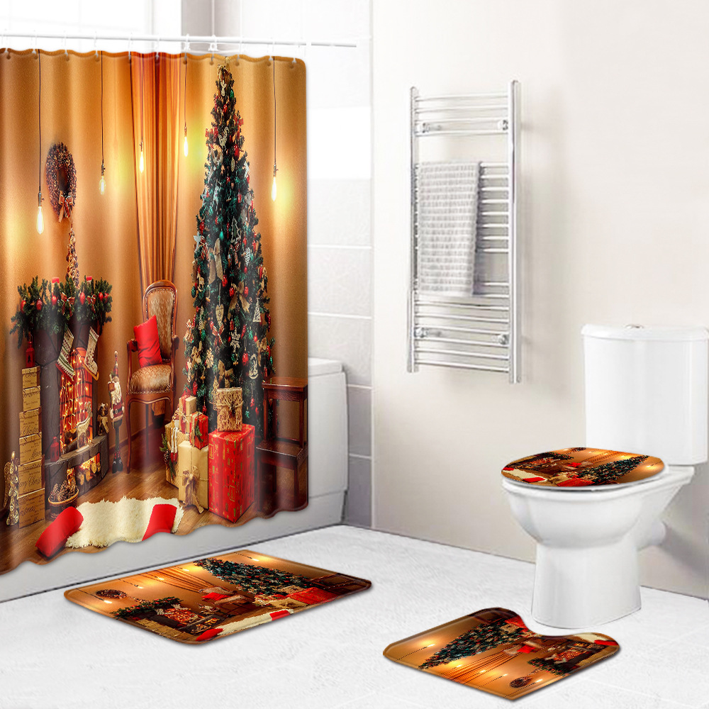 跨境新款圣诞节浴帘雪人地垫卫生间防滑垫四件套三件套货源代发