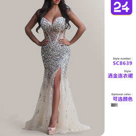 2026跨境欧美新款亚马逊女装 连衣裙洒金开叉V领无袖长裙网纱礼服