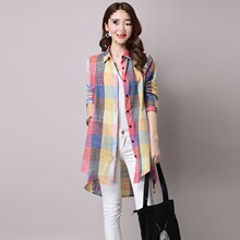 棉麻中长款洋气衬衣女韩版中长款长袖减龄大码休闲格子亚麻衬衫女