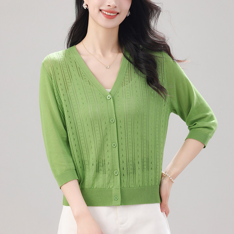 V-Neck Knitted Cardigan for Women, Spring and Summer Short Jacket, Stylish T-Shirt, Hollow Jacquard Tencel Top, New Style Blouse