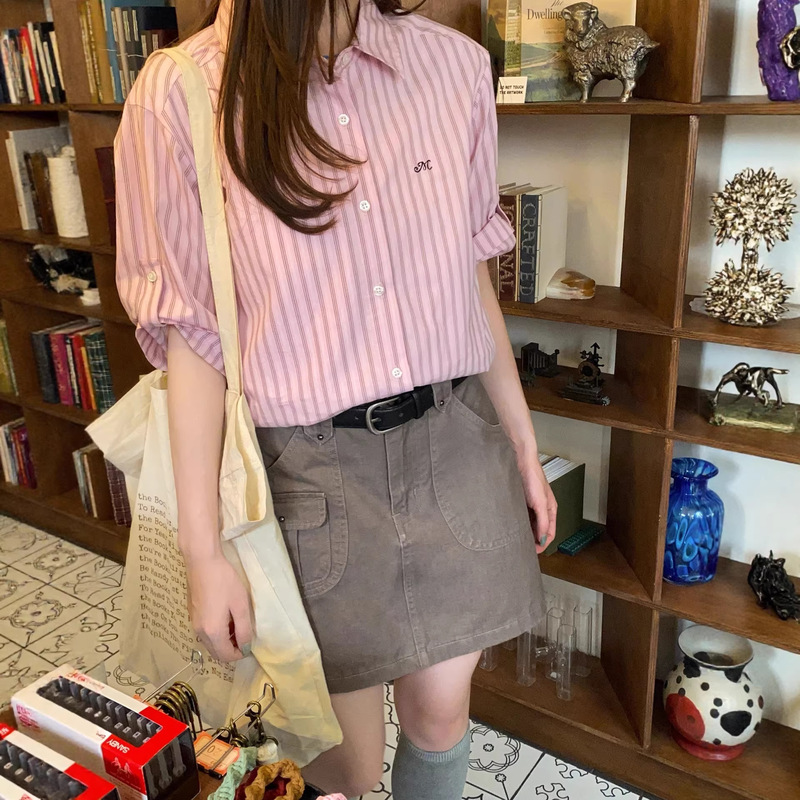 Self-Made Embroidered Sleeve Tab Design Vertical Striped Shirt for Women, Spring/Summer Petite Top Self-Made Embroidered Sleeve Tab Design Vertical Striped Shirt for Women, Spring/Summer Petite Top