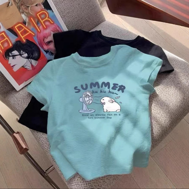 2025 夏の新漫画かわいいウサギのプリントデザイン半袖 Tシャツカジュアル多用途半袖トップ女性のための|undefined
