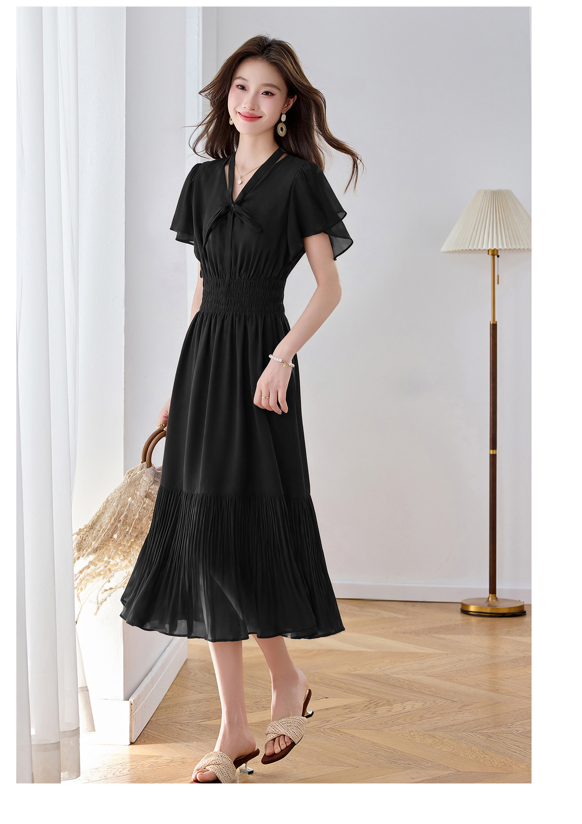 Đầm maxi nữ họa tiết hoa nhí thắt eo dáng chữ A dài quá gối — màu đen, màu hồng chi tiết 19