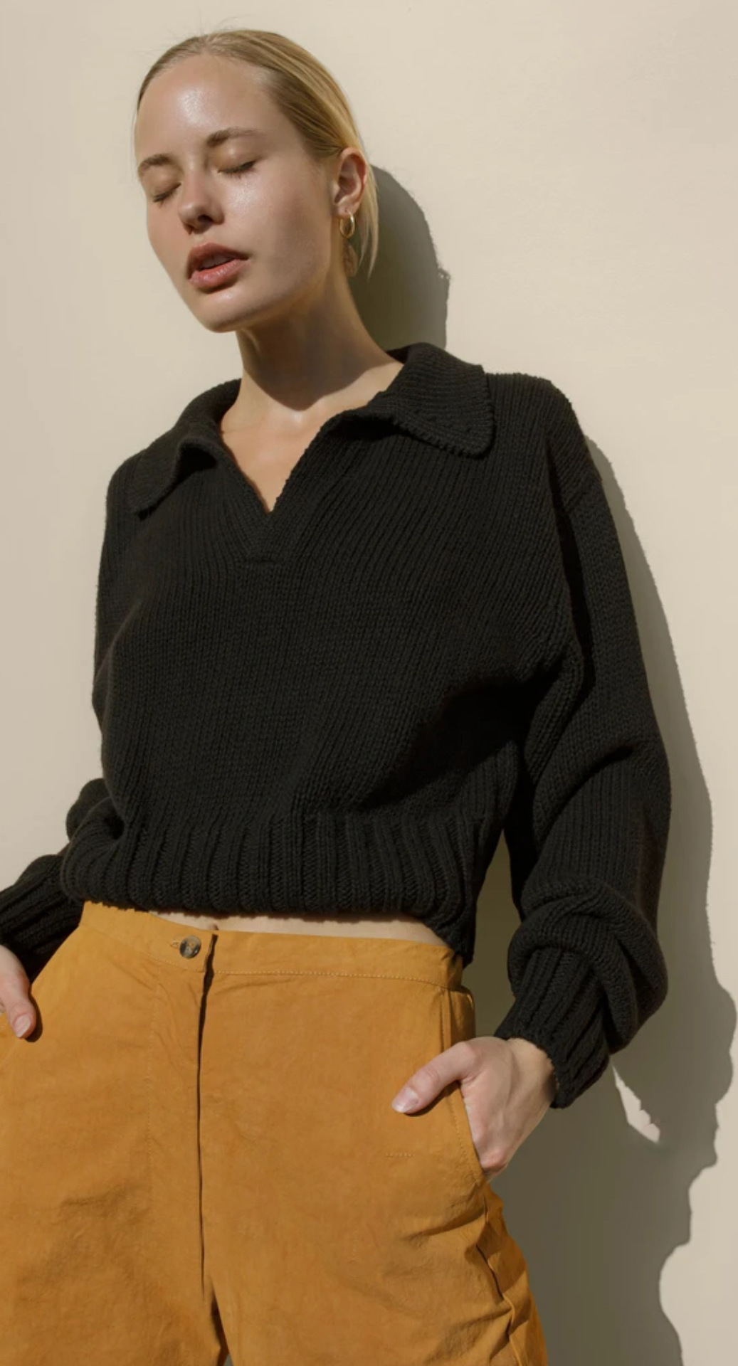 Women Pure Color Lapel Collar V-Neck Sweater